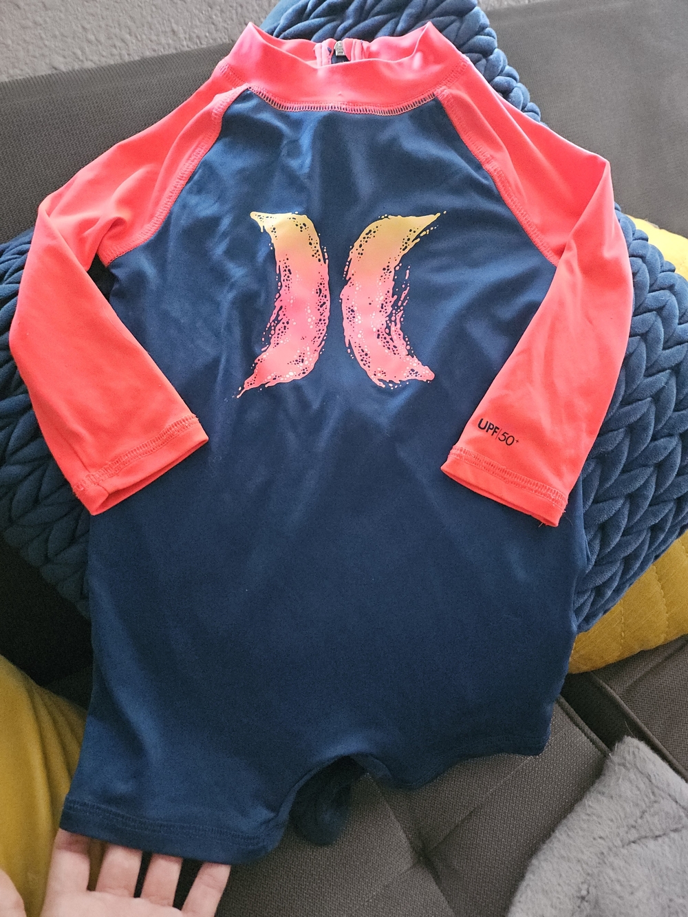 Hurley Kids 12M Navy & Coral Long-Sleeve UPF 50+ Rashguard Swim Suit